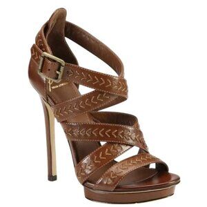 Brian Atwood Cordoba Brown Italian Leather Strappy Stiletto Peep Toe Sandal Weav